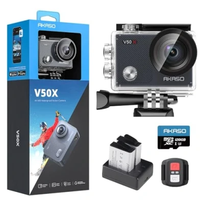 Image de AKASO V50 X Caméra de Sport avec Carte Mémoire microSDXC U3 128 Go, Action Camera 4K 30FPS Ultra Full HD Stabilisateur Télécommande Écran Tactile Angle Réglable Kit d&#039;Accessoires