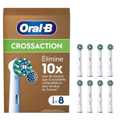 Image de Oral B Pro Cross Action Brossettes De Rechange, Embouts Blancs, Ronds Pour Éliminer Plus Plaque, Nettoyage En Profondeur, Conviennent Aux Brosses Électriques Sauf iO/Pulsonic, 8 Têtes Recharge