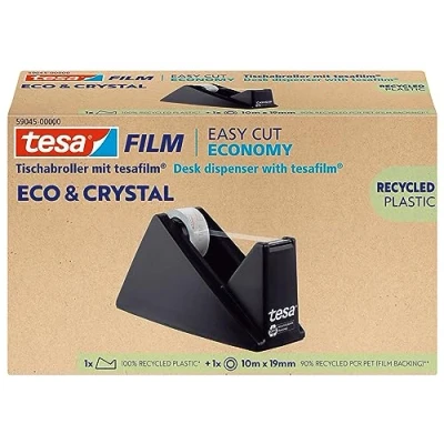 Image de tesafilm Ruban Adhésif Eco et Crystal Transparent en PET Réutilisé Résiste aux Déchirures, Fort Pouvoir Fixant Kit avec Dévidoir de Table Solide 1 Rouleau 10 m x 19 mm