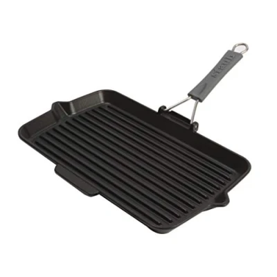 Image de STAUB Gril en Fonte avec Bec Verseur et Manche Silicone, Rectangle, 34 x 21 cm, Noir Mat