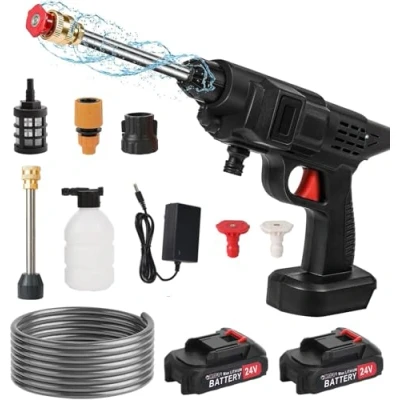 Image de NetToyeur Haute Pression, Pression Sur Batterie, Sans Fil Avec 2 Batteries et Tuyau de 5m, Pistolet Pour Lavage Arrosage Voiture Noir