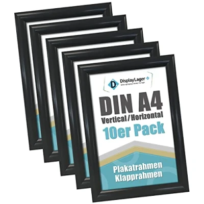 Image de DisplayLager 10 Cadre à Clipser A4, pièces, Noir pour Affiches avec Profil en Aluminium argenté de 25 mm vitre Protection antireflet et matériel Fixation