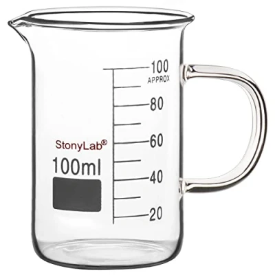 Image de stonylab Bécher en Verre avec Poignée, Borosilicate Gradué Forme Basse Griffin Poignée et Bec Verseur, 100 ml