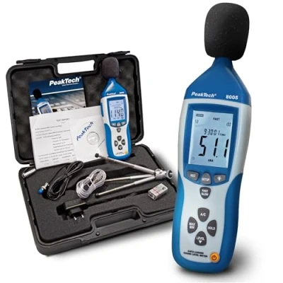 Image de PeakTech 8005 Sonomètre de Classe 2 avec Mémoire 32000 counts, Calibré, Mesure du Niveau Sonore, Interface USB, dB, Fonction Min/Max, Sorties AC/DC, Écran LCD, 30 dB 130