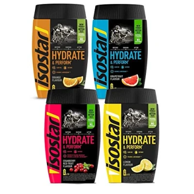 Image de Isostar Hydrate &amp; Perform Iso Drink De Poudre Boisson Isotonique D&#039;Électrolyte Pour Soutenir La Performance Sportive Orange + Citron Canneberge Pamplemousse , 4X400G