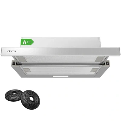 Image de CIARRA CBCS6906D Hotte Tiroir Téléscopique Classe A++ 60cm 370m3/h Aspirante Integrée 2 Vitesses Éclairage LED Recyclage&amp;Evacuation Filtres Charbon Inclus Argent