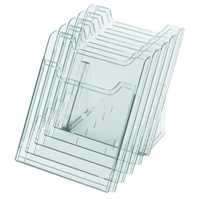Image de Exacompta Réf. 60258D 1 distributeur de prospectus sur table Vertical 5 compartiments Extensible à volonté Dimensions : Prof.34,5 x larg.23,8 Haut.25,9 cm Format classer A4 Cristal