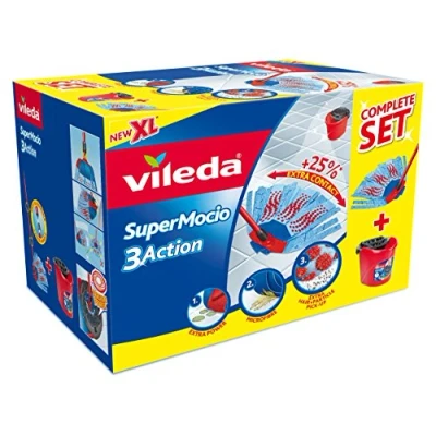 Image de Vileda SuperMocio Set Complet Seau essoreur + Balai à franges avec tête 3D Super mocio 3Action