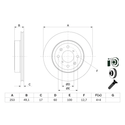 Image de BOSCH 0 986 479 E75 Disque de frein 253 17 4 100 ventilé revêtu avec vis/boulons SUZUKI: IGNIS 2, Wagon R+ II 3/5 portes, OPEL: Agila A
