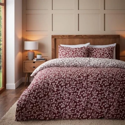 Image de Catherine Lansfield Parure de lit Simple réversible en Coton brossé avec Housse Couette et taie d&#039;oreiller Motif Floral Rouge