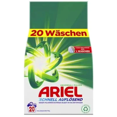Image de Ariel Lessive en poudre universelle à dissolution rapide + 1,2 kg, 20 lavages, excellente élimination des taches