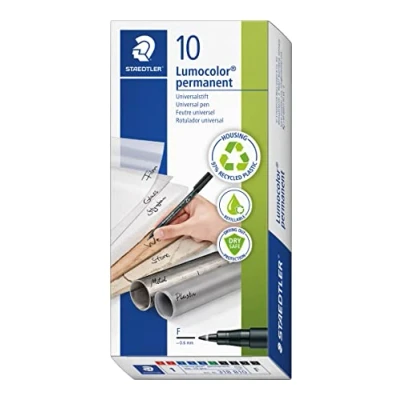 Image de Staedtler Lumocolor Permanent, 10 Feutres Couleurs Assorties, Résistant à l&#039;Eau, Pointe de 0.6mm, Fabriqué en Allemagne, 318 B10