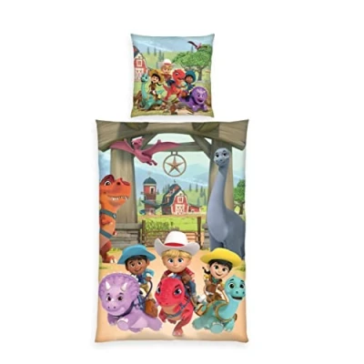 Image de Herding Parure de Lit Dino Ranch, Taie d&#039;Oreiller 80 x cm, Housse Couette 135 200 Avec Fermeture éclair facile à fermer, Coton