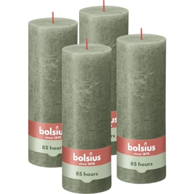 Image de Bolsius Lot de 4 bougies pilier rustiques Vert foncé Longue durée combustion 85 heures Bougie d&#039;intérieur Non parfumée Cire végétalienne naturelle Sans huile palme 19 x 7 cm