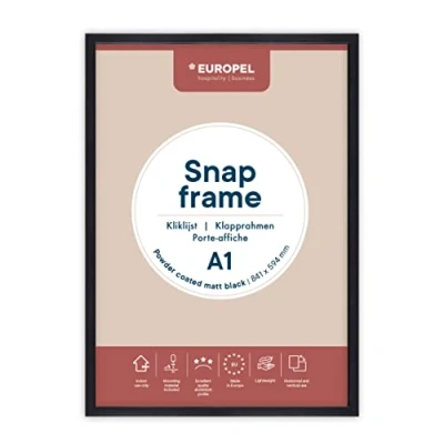 Image de EUROPEL Cadre Porte Affiche clic clac léger A1, Finition Noire Mate et poudrée, Profil 25x11 mm, Aluminium anodisé Protecteur Anti reflet, Dimensions extérieures 625x872 Dos polystyrène Gris