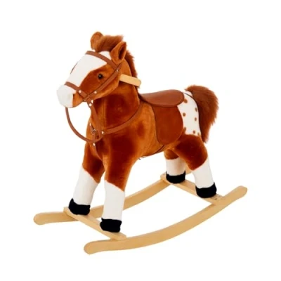 Image de HOMCOM Cheval à Bascule de Cowboy Jouet Peluche Effet sonore Selle rênes Marron Blanc