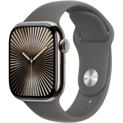Image de Apple Watch Series 10 (GPS + Cellular 42 mm) Smartwatch mit Titangehäuse in Natur und Sportarmband Steingrau (S/M). Fitnesstracker, EKG App, Always on Retina Display, Wasserschutz
