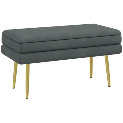 Image de Banc coffre de rangement HOMCOM 2 en 1 assise aspect velours et pieds acier 79,5L x 37,5l 43H cm gris doré