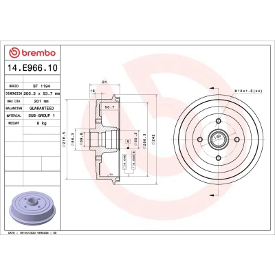 Image de BREMBO 14.E966.10 Tambours de Frein sans kit roulement à roue 200,3mm DAEWOO: Lanos 3/5 portes, Berline