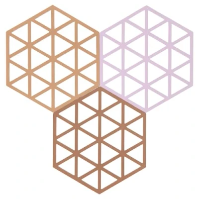 Image de Zone Denmark Lot De 3 Dessous Plat en Silicone Design GéoméTrique Moderne Résistant À 250C Lave Vaisselle 2 Dimensions Terracot/Lupin/Amande