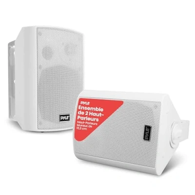 Image de Pyle Enceinte D’extérieur Bluetooth 240 W Mural étanche, Paire D’Enceintes Imperméables, Active + Passive, sans Fil, Son Stéréo, Aux in, Utilisation dans Extérieur/L&#039;intérieur (Blanc)
