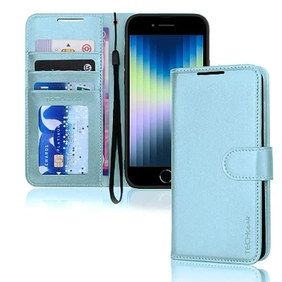 Image de TECHGEAR Étui portefeuille à rabat en cuir synthétique pour iPhone SE 2022 5G/2020, 8/7/6, porte cartes et dragonne, bleu souple, fermeture magnétique 3/SE 2/iPhone 8 7 6 6S 4,7&quot;