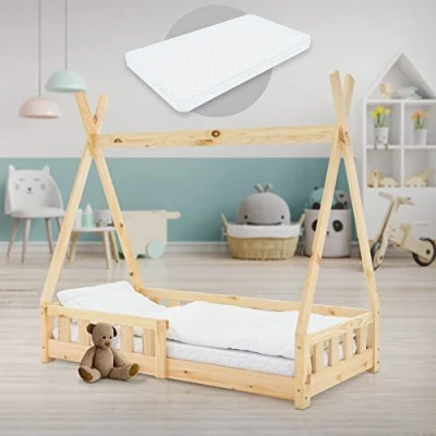 Image de ML Design Lit Enfant Tipi 70x140 cm Naturel avec Matelas à Mousse Froide Polyester, Housse Amovible, Sommier Lattes, Anti Chute, Style Indien en Bois de Pin Massif, Protection Contre Les Chutes