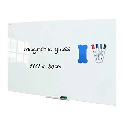 Image de XIWODE Tableau blanc magnétique en verre trempé effaçable à sec, 110 x 80 cm, sans cadre, surface blanche givrée