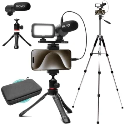 Image de Movo uVlogger Kit de Vlogging Compatible Android/USB C/iPhone 15 avec Trépied Grand Format Démarrage Youtube pour Créateurs Contenu: Trépieds, Support Téléphone, Lumière, Micro Shotgun