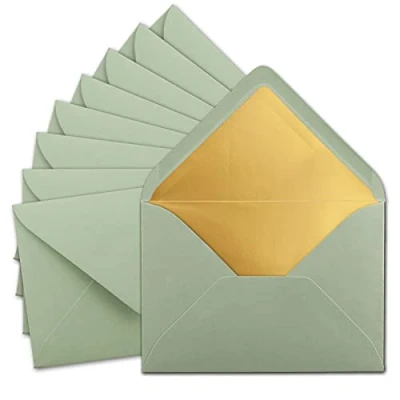 Image de Lot de 50 Enveloppes DIN C5 15,7 x 22,5 cm en eucalyptus (vert) avec doublure soie dorée Fermeture humide vierges postales sans fenêtre au format