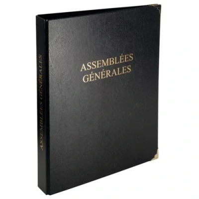 Image de Exacompta Réf. 4606E 1 classeur juridique noir ASSEMBLÉES GÉNÉRALES Coins dorés, 4 anneaux, couverture plastique Dimensions 32 x 26cm livré avec recharge 100 feuillets vierges numérotés