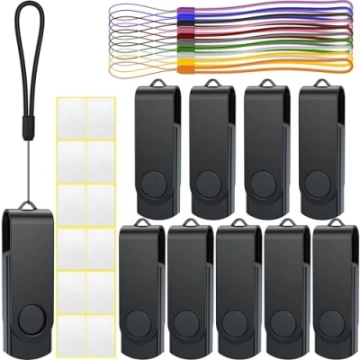 Image de Cle USB 32 Go Lot de 10 2.0 Clé Uflatek Flash Drive Rotative Clef Noir Mémoire Stick Métal avec Cordes