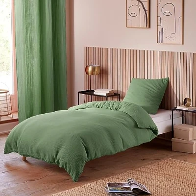 Image de Parure de couette Noah Gaze coton 140 x 200 pour lit 1 place Olive