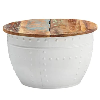 Image de FineBuy Table Basse Mango en Bois Massif/Metal Blanc 60 x 36 cm d&#039;appoint de Style Moderne Salon avec Espace Stockage Rond
