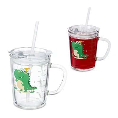 Image de Relaxdays Verre pour Enfant en Lot de 2, Motif Dinosaure, avec Anse, Couvercle et Paille, 400 ML gradué, Transparent