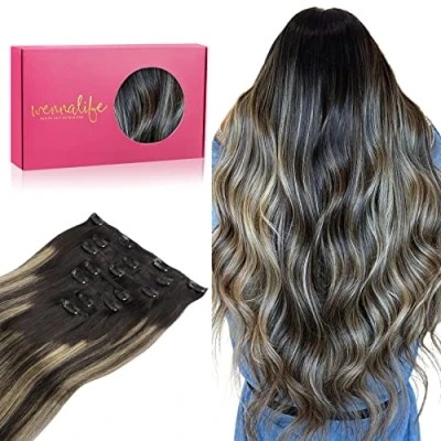 Image de WENNALIFE Extension a Clip Cheveux Naturel, 35cm 120g 7pcs Naturel Humains, Balayage Noir à Blond Clair Extention de Humains Vrai