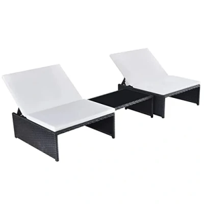 Image de vidaXL Chaises Longues Lot de 2 avec Table Noir résine tressée, transat, lit Repos Jardin, Meuble d&#039;extérieur, Chaise Longue d&#039;extérieur