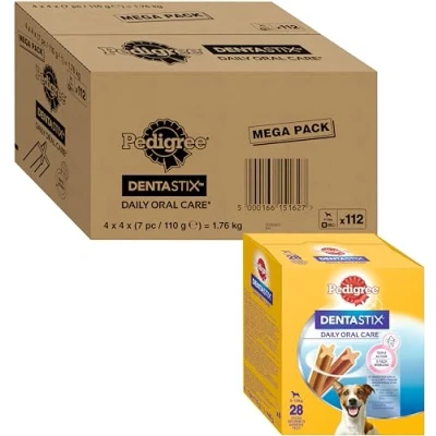 Image de PEDIGREE DENTASTIX Sticks Dentaires pour Petit Chien 5 10kg 112 Bâtonnets à Mâcher (Lot de 4 Boîtes 28 Friandises) Hygiène Bucco dentaire, Scientifiquement Prouvé, Nettoyage Dents au Quotidien