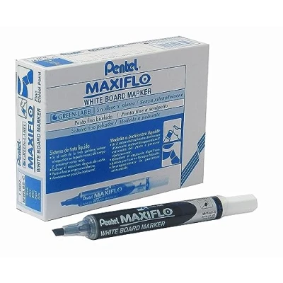 Image de Pentel Maxiflo Lot de 12 marqueurs effaçables à sec tableau blanc Pointe biseautée moyenne Encre liquide bleue