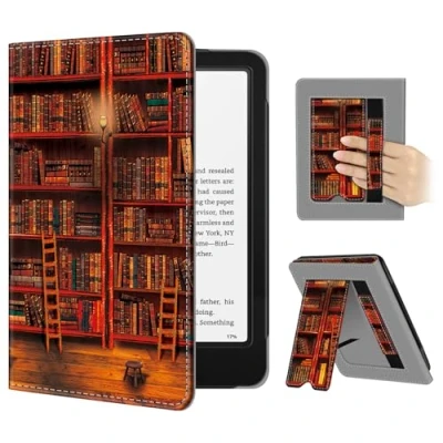 Image de FINTIE Étui pour 7&quot; Kindle Paperwhite 2024 (12e Génération) et Colorsoft Signature Edition (1re Génération), Coque avec Béquille, Compartiment Cartes Dragonne, Bibliothèque