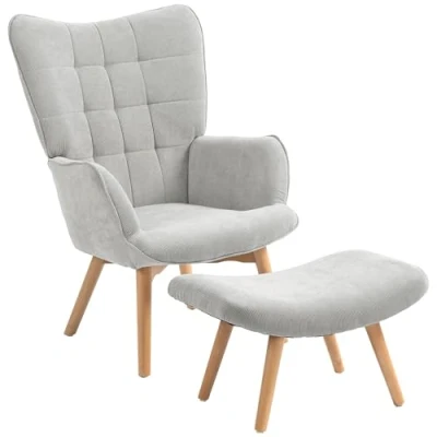 Image de HOMCOM Fauteuil avec Repose Pied, Salon Pieds en Bois, Dossier Haut et Tissu Aspect Velours côtelé, pour Chambre à Coucher Gris