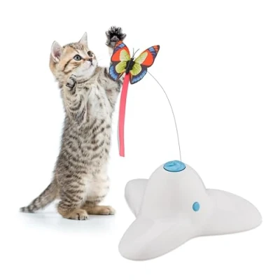 Image de Relaxdays Jouet pour Chat, avec Papillon, Accessoire interactif, H x L P : 33,5 20,5 18 cm, Blanc