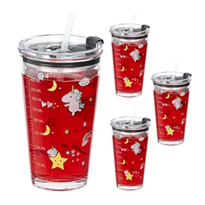 Image de Relaxdays Gobelet en Lot de 4, Motif Licorne, Graduation 450 ML, Couvercle et Paille, Verre, pour Enfants, Transparent