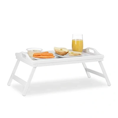 Image de Relaxdays 10023232 Tablette de Lit Bambou Pliant Poignées Rebords Plateau Service &amp; Petit Déjeuner, 22 x 61,5 30 cm, Blanc