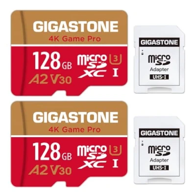 Image de [5 Ans Récupération de données Gratuite] Gigastone Carte Mémoire 128 Go Lot 2 Cartes, 4K Game Pro, Compatible avec GoPro Switch, Vitesse 100 Mo/s. A2 U3 V30 Micro SDXC Adaptateur SD.