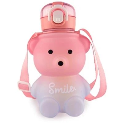Image de Kikuo Bouteille d&#039;eau avec paille mignon, 800 ml à en forme d&#039;ours kawaii, portable anti fuite sangle pour filles toute occasion (rose bleu)