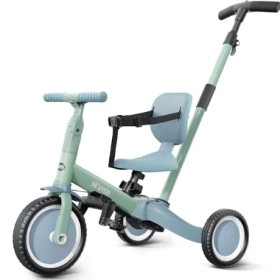 Image de newyoo Tricycle 5 en 1, draisienne à partir de 1 an avec Barre poussée pour Enfants 2, 3 Ans, Enfant pédales Amovibles et siège réglable, Vert