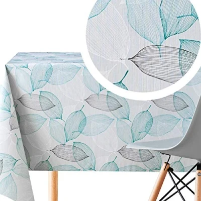 Image de KP HOME Nappe Toile Cirée Feuilles Naturel PVC Feuille Grise et Bleu Sarcelle Rectangulaire 140x200 Facile à Nettoyer Plastique Étanche Ciree