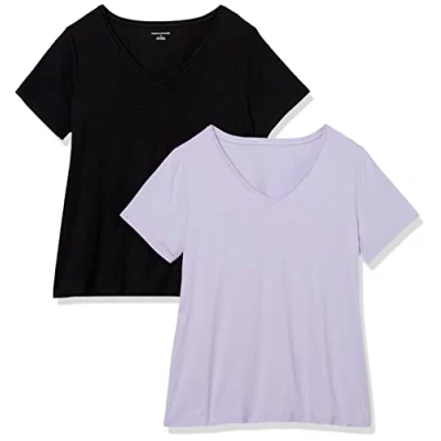 Image de Amazon Essentials T shirt À Manches Courtes et Col En V, Grande taille Femme, Lot de 2, Noir/Lavande, 4XL