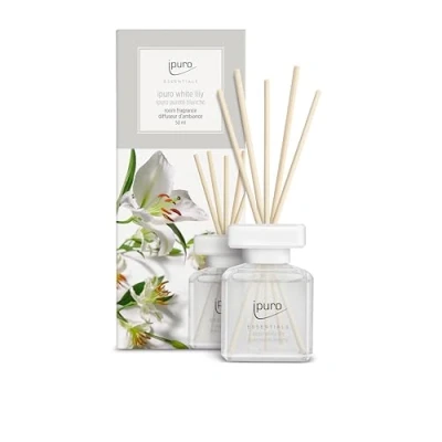 Image de ipuro Essentials Parfum d&#039;intérieur White Lily 50ml Notes de pêche, muguet, Jasmin, musc Blanc, Bois cèdre Diffuseur à bâtonnets Floral Doux et apaisant pour Maison
